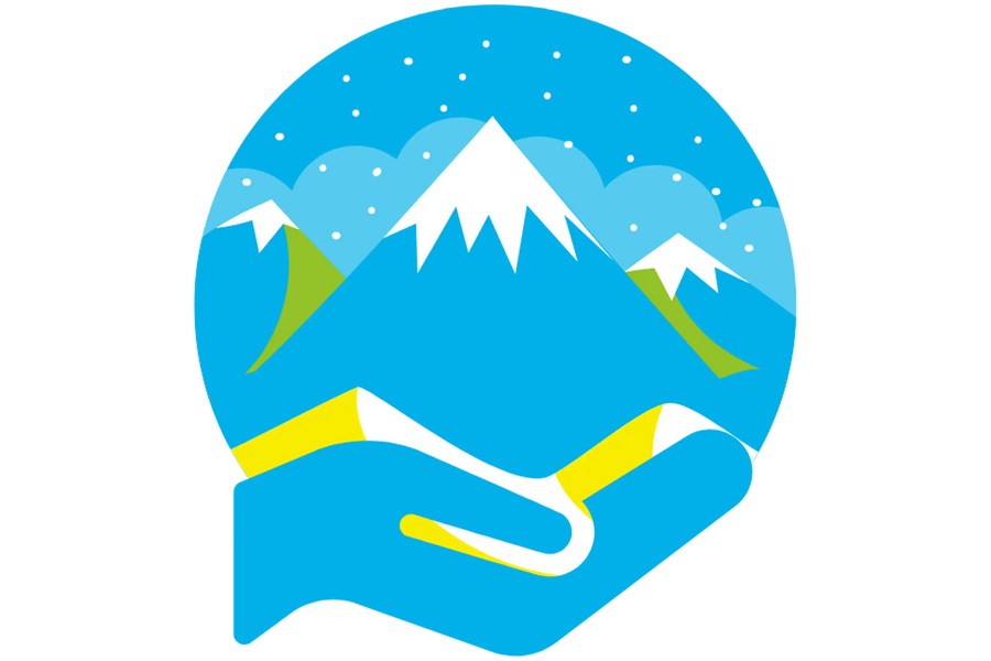 A hand holding snow-capped mountains