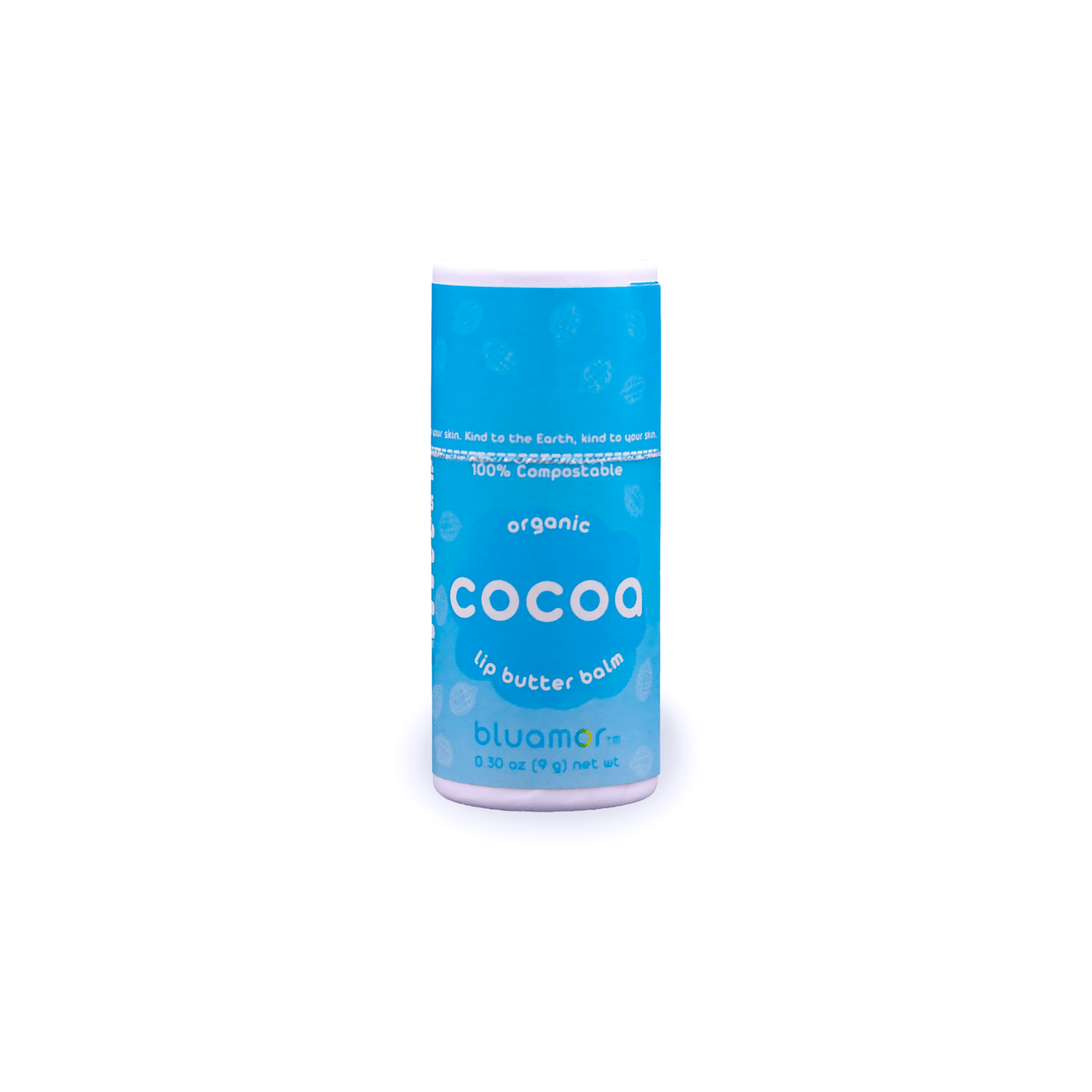 A blue tube of organic cocoa lip butter balm labeled 'bluamor,' highlighting its compostable packaging and skin-friendly properties.
