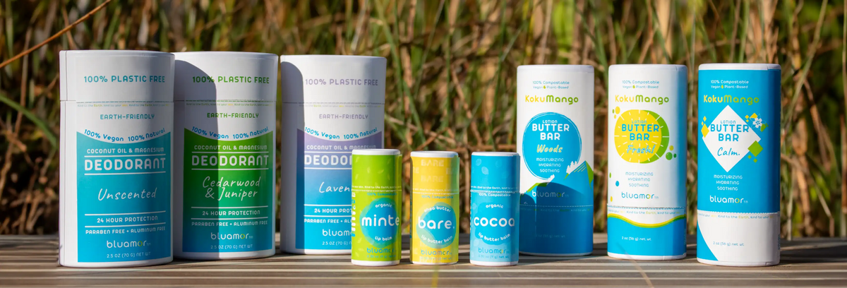 A collection of all bluamor products shown in an outdoor sunny setting. 