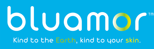 Bluamor spelled out as the logo of the website. The company slogan Kind to the Earth, kind to your skin is shown below the company name. 