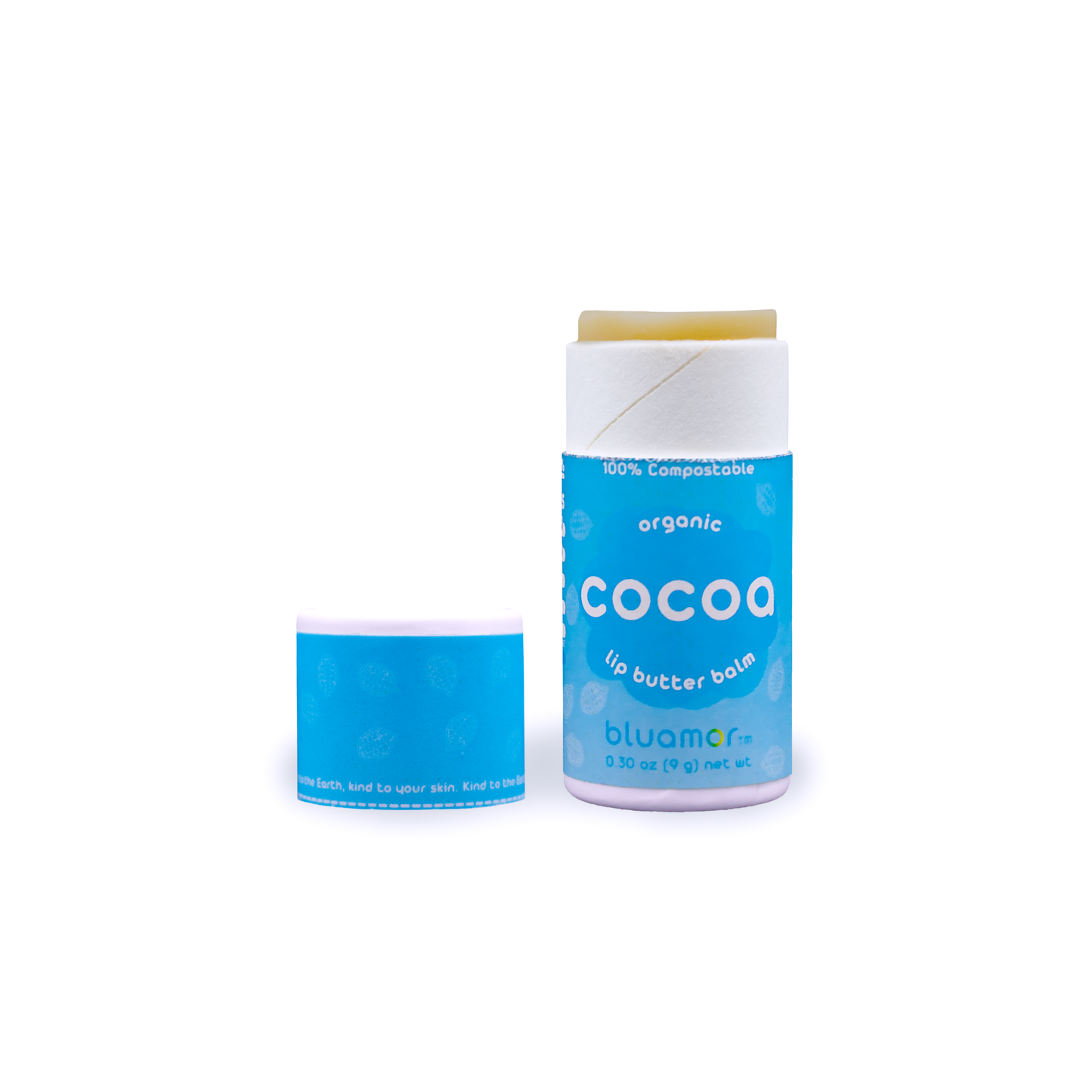 A blue tube of organic cocoa lip butter balm labeled 'bluamor,' highlighting its compostable packaging and skin-friendly properties.