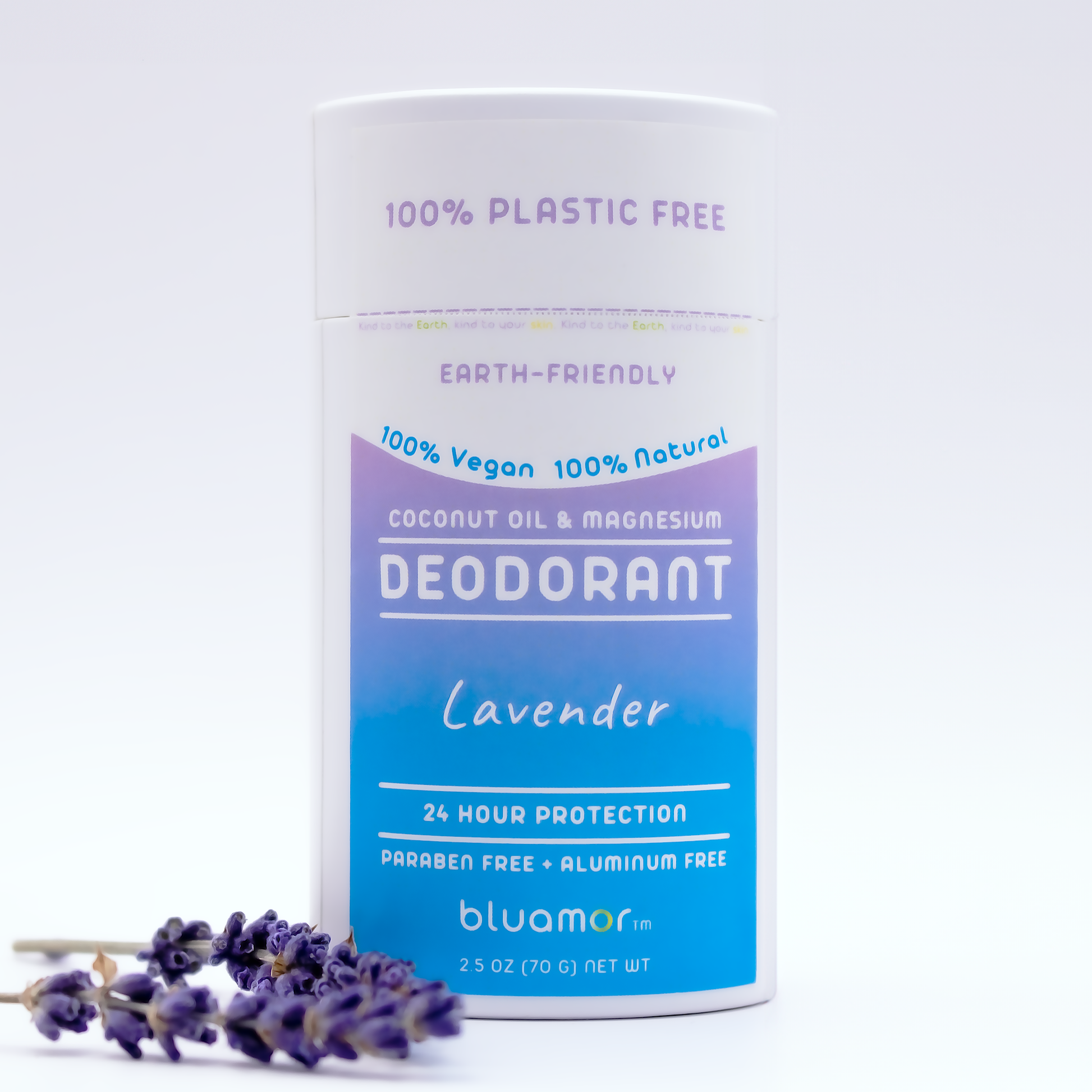 Coconut Oil & Magnesium Deodorant Lavender bottle with blue label next to a lavender flower, emphasizing natural, eco-friendly ingredients for effective odor protection.