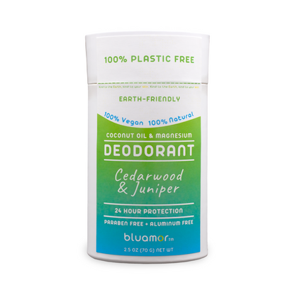 Coconut Oil & Magnesium Deodorant Cedarwood and Juniper in a white paper package with a green label, offering natural, aluminum-free odor protection with natural scent.