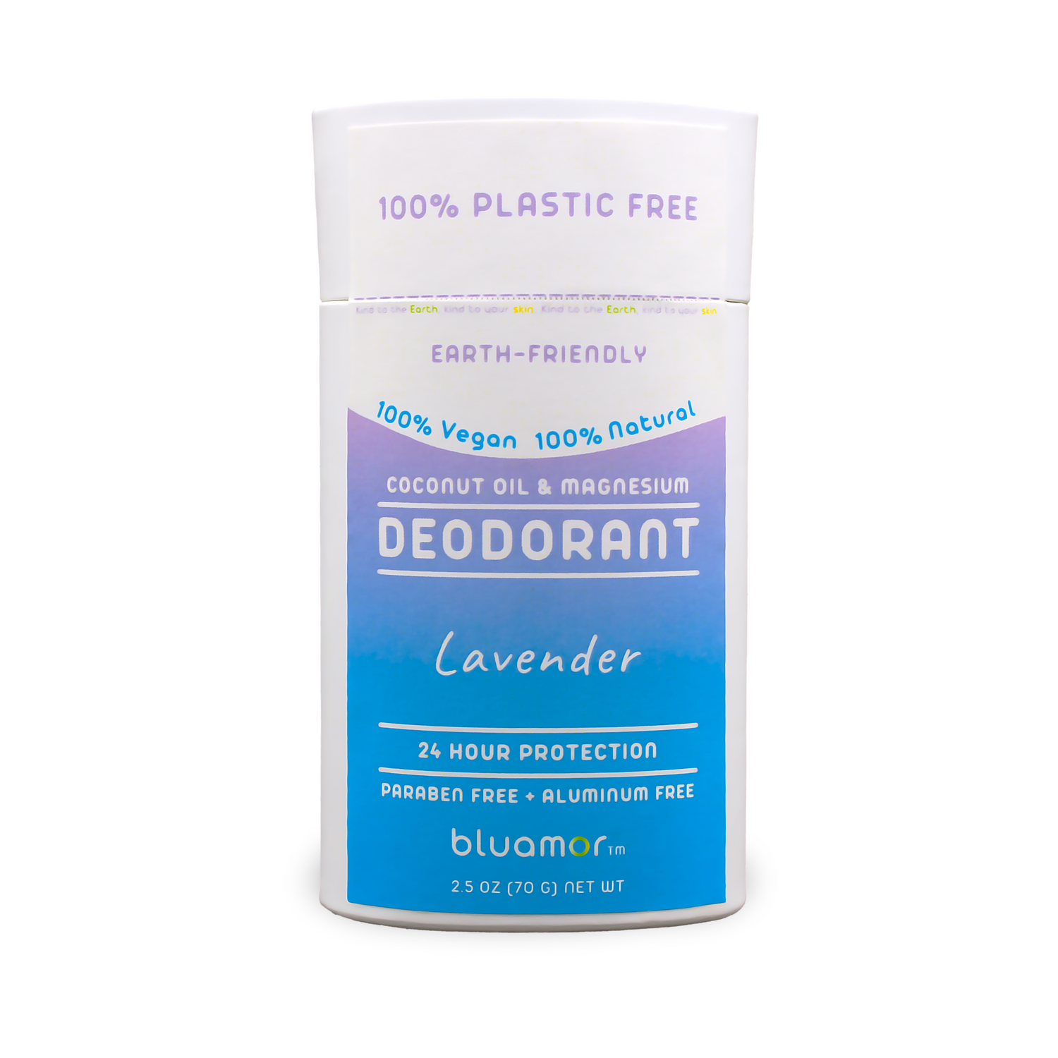 Coconut Oil & Magnesium Deodorant Lavender in a white paper package with a blue label, offering natural, aluminum-free odor protection with lavender scent.