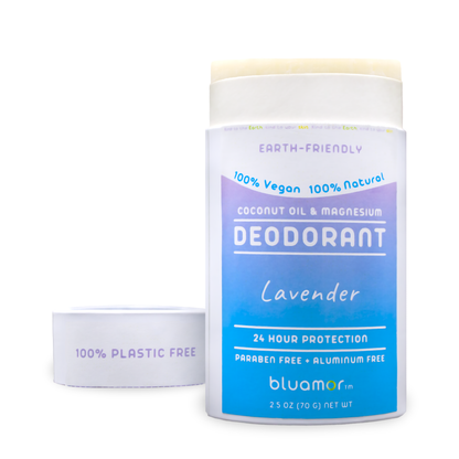 Coconut Oil & Magnesium Deodorant Lavender in a paper package with a blue label, offering natural, vegan, aluminum-free 24-hour protection with soothing lavender scent.