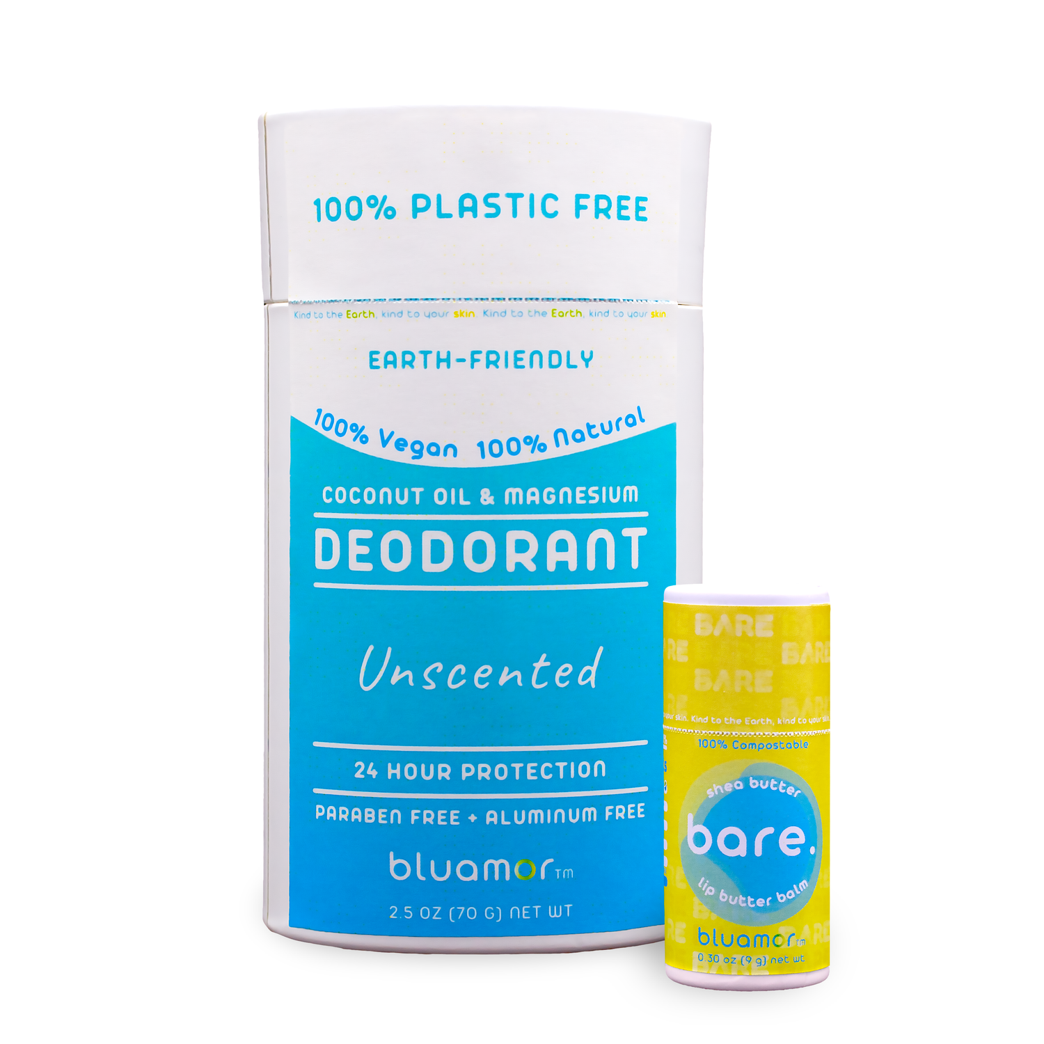 Eco-friendly packaging showcases an unscented deodorant and lip butter balm, both 100% natural, vegan, and plastic-free.