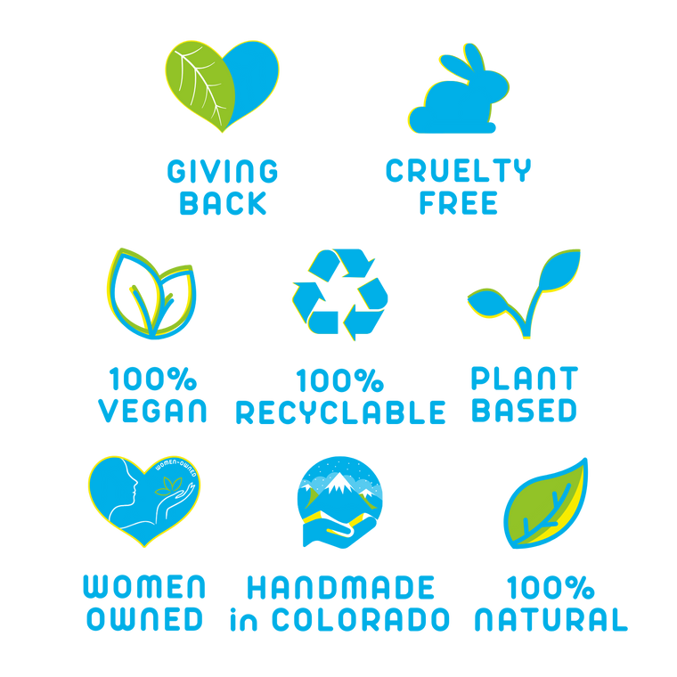 Colorful icons and text highlight eco-friendly attributes: vegan, cruelty-free, recyclable, handmade in Colorado, and women-owned.