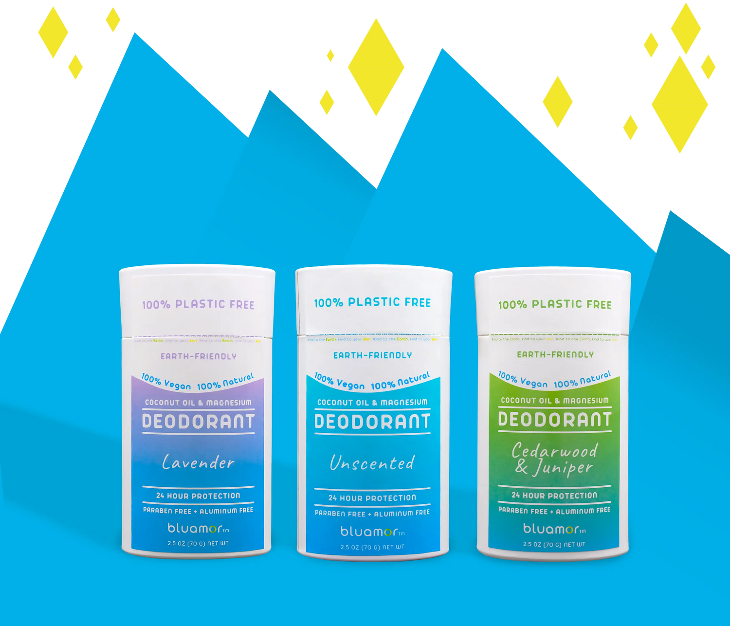 Three eco-friendly bluamor deodorant sticks in lavender, unscented, and cedarwood & juniper scents, set against a vibrant blue and black background.