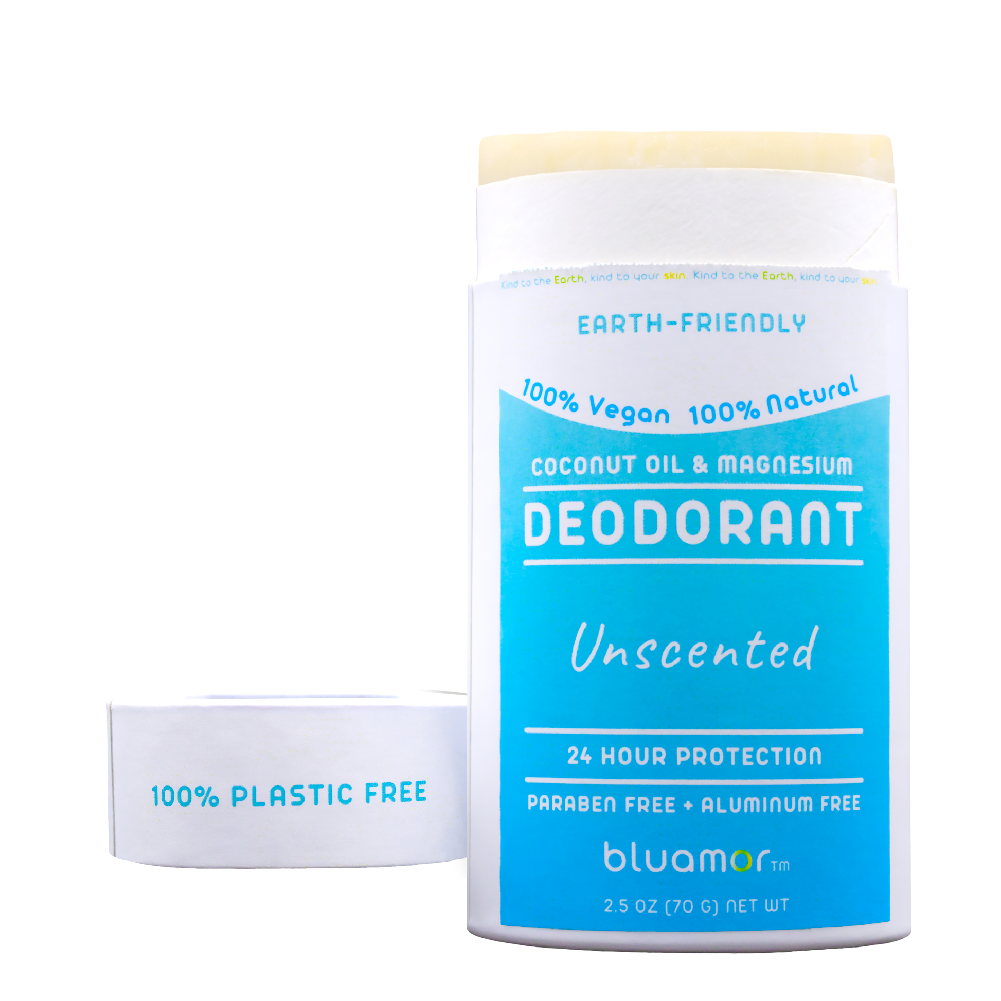 Plastic-free, unscented deodorant by bluamor containing coconut oil and magnesium, emphasizing its vegan and natural ingredients.