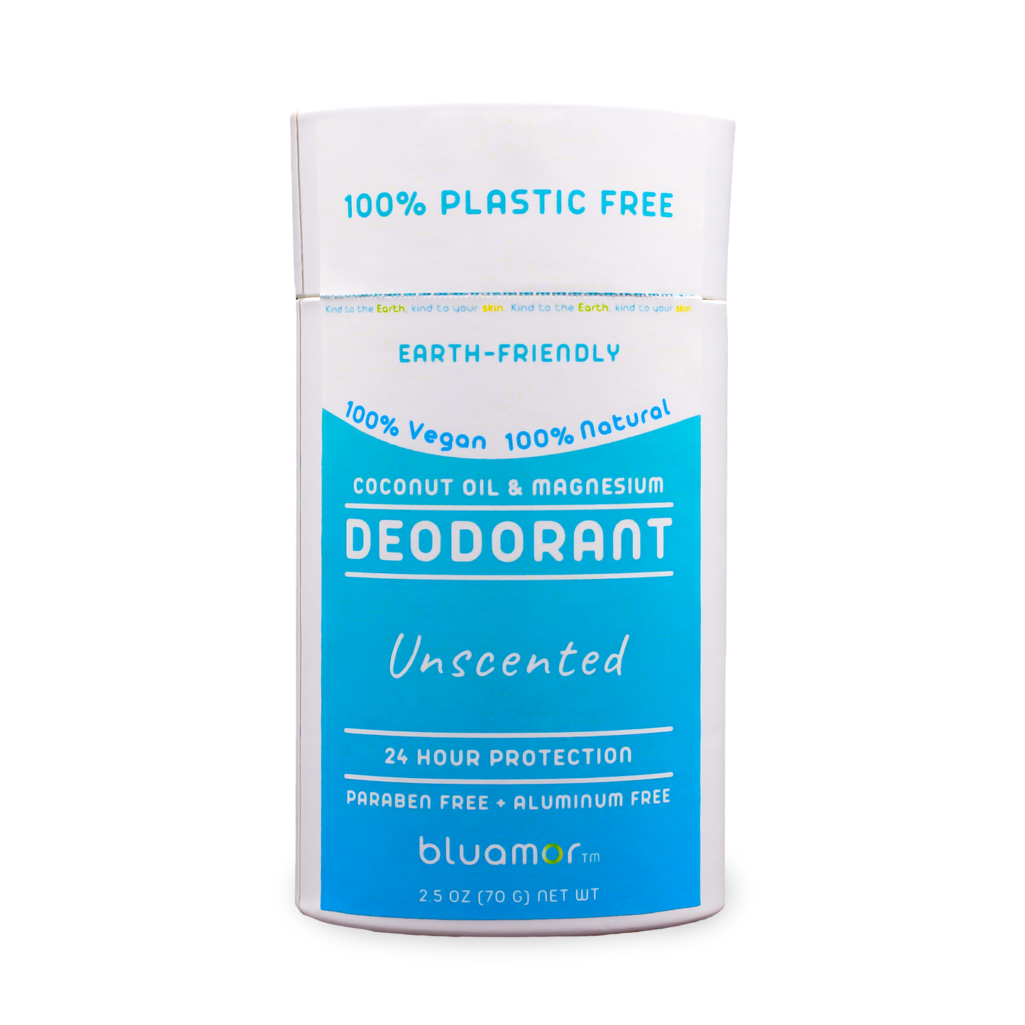 Coconut Oil & Magnesium Deodorant Unscented in a white and blue paper package featuring a blue label, offering eco-friendly, aluminum-free protection for sensitive skin.