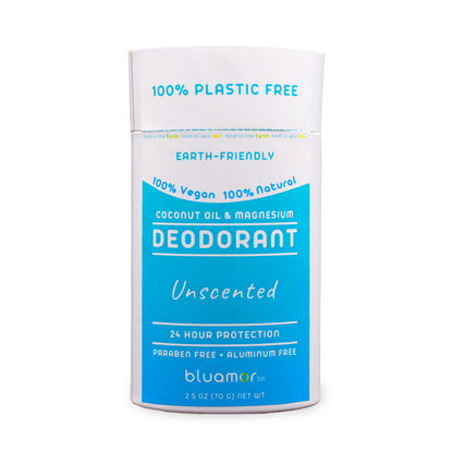 Coconut Oil & Magnesium Deodorant Unscented in a white and blue paper package featuring a blue label, offering eco-friendly, aluminum-free protection for sensitive skin.