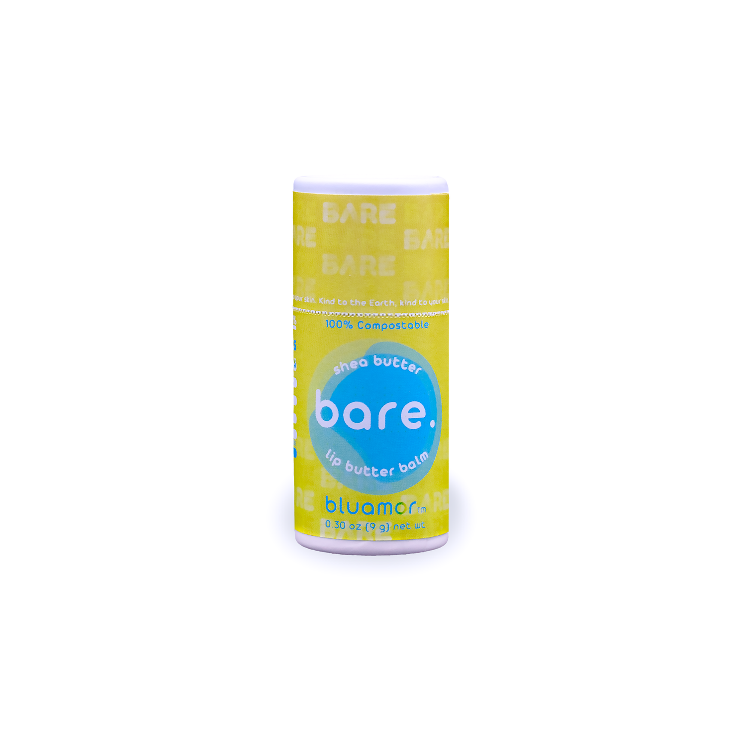 bare. Lip Butter Balm in a yellow tube with blue text, designed for moisturizing and soothing dry lips, featuring organic and vegan ingredients.