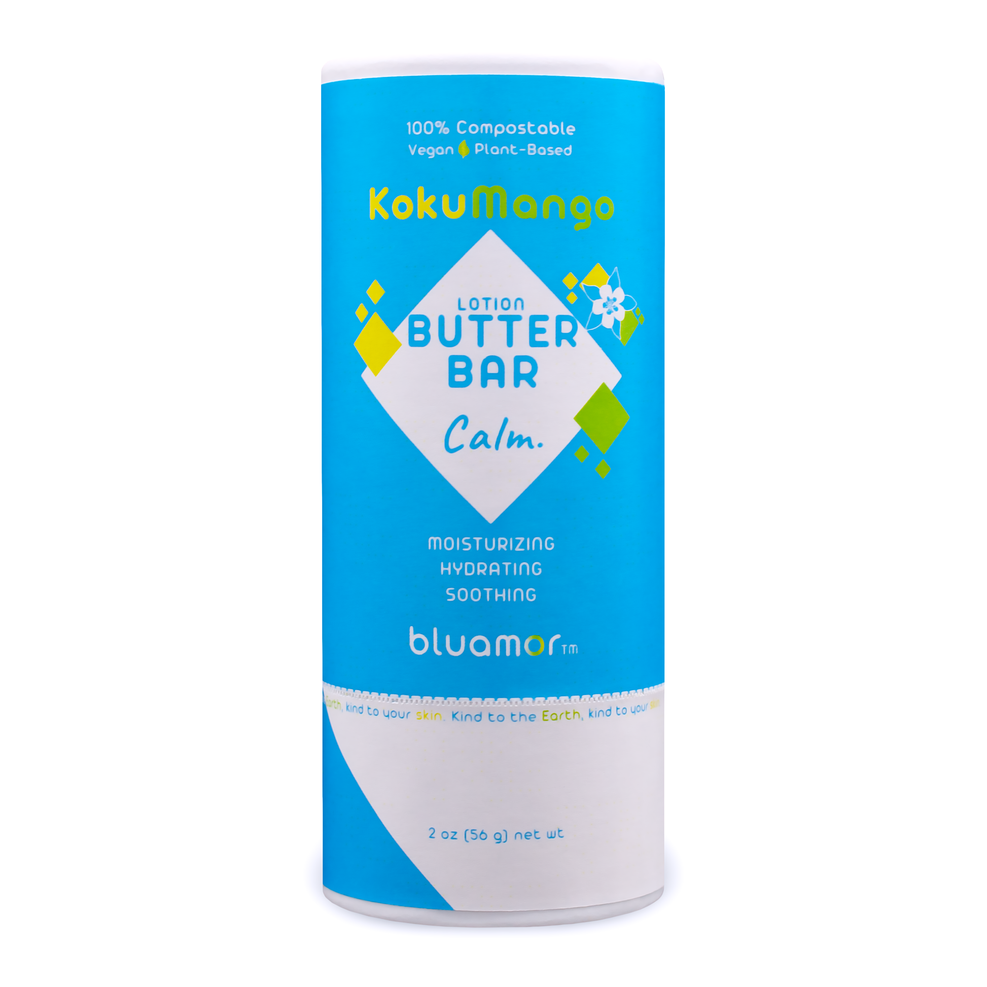 KokuMango Lotion Butter Bar - Calm: A soothing, plant-based lotion bar with a blue and white label. Made with organic, vegan ingredients and packaged in a sustainable, eco-friendly paper tube.