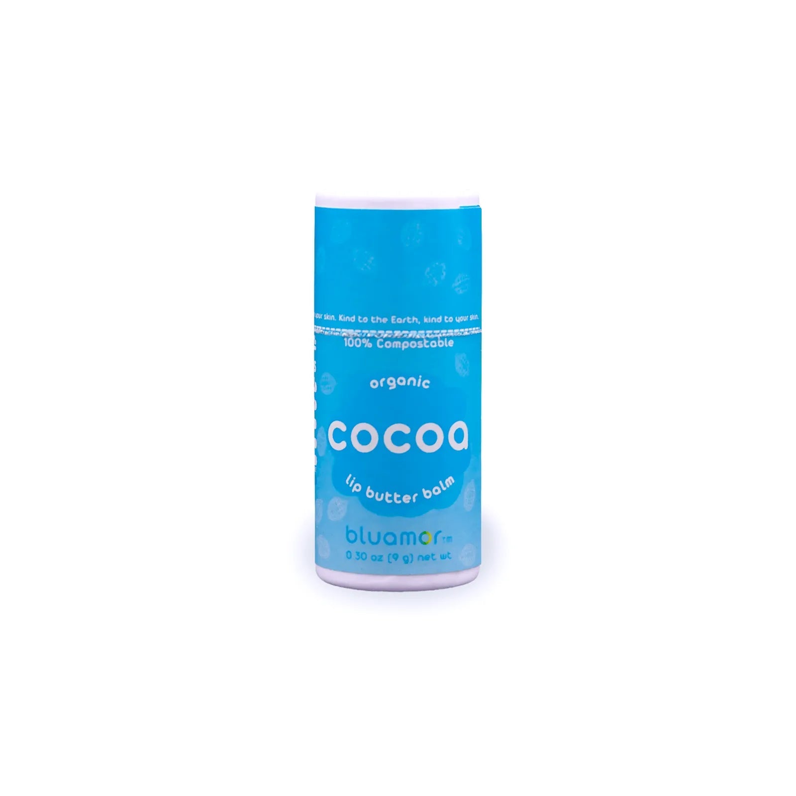 A blue tube of organic cocoa lip butter balm labeled 'bluamor,' highlighting its compostable packaging and skin-friendly properties.