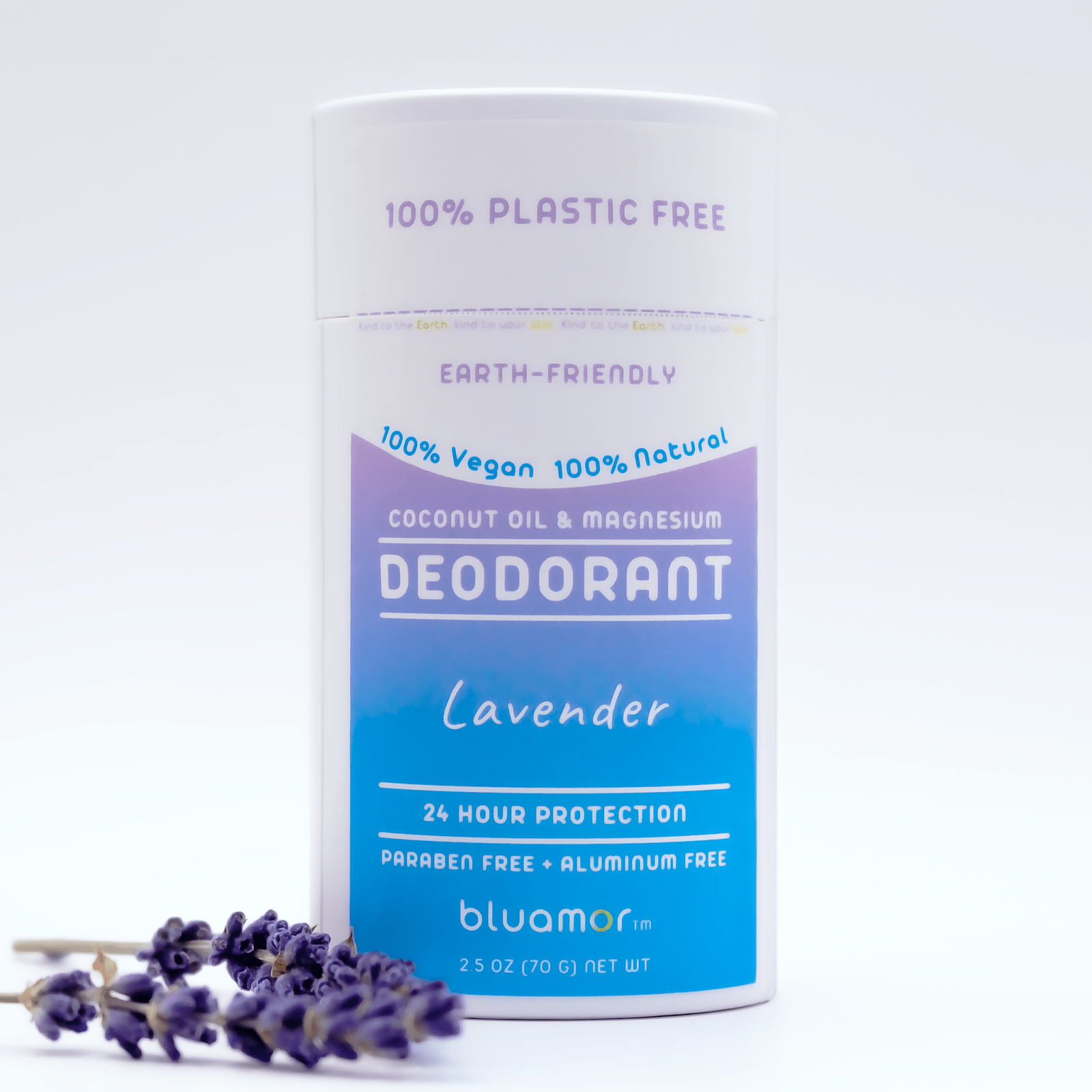 Coconut Oil & Magnesium Deodorant Lavender bottle with blue label next to a lavender flower, emphasizing natural, eco-friendly ingredients for effective odor protection.