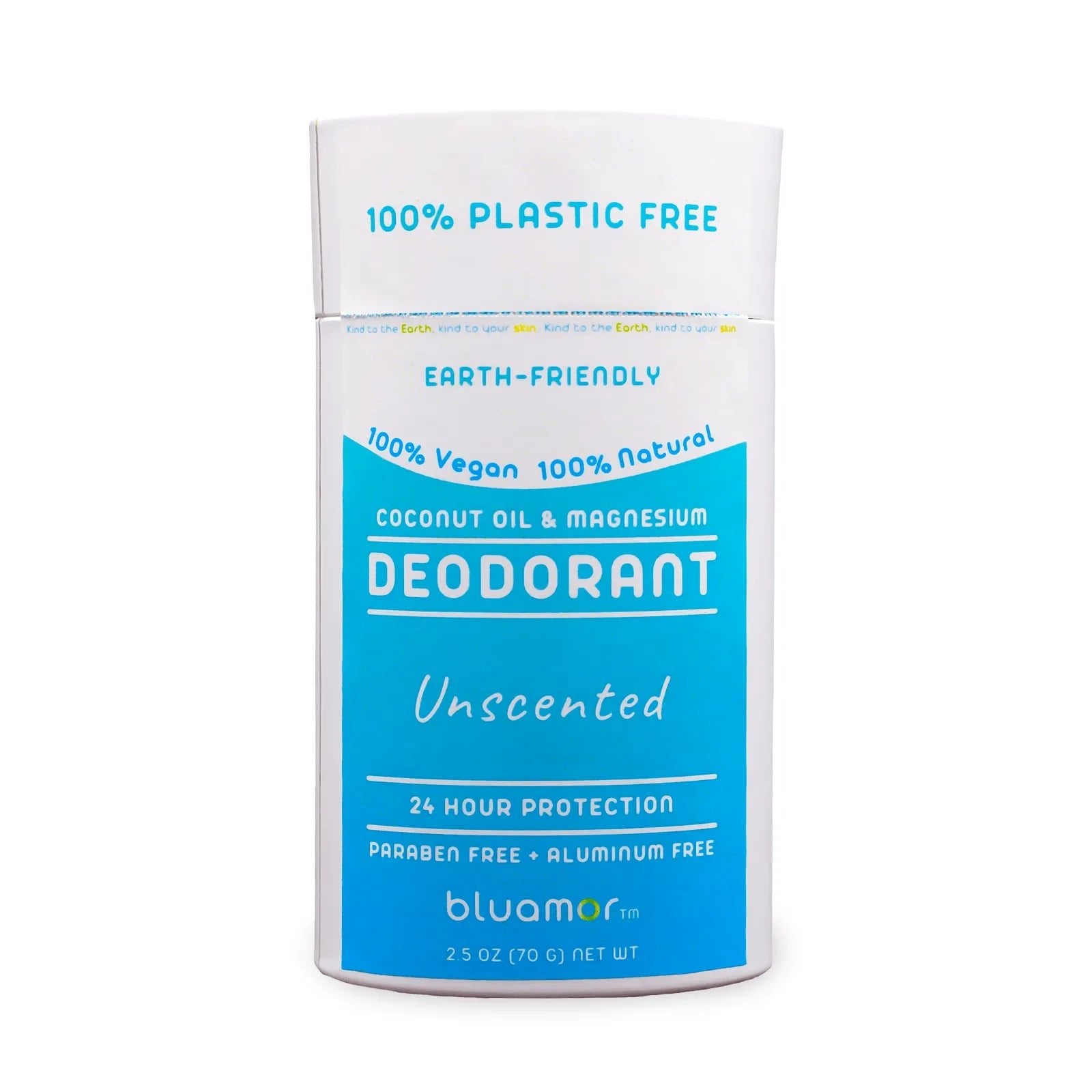 Coconut Oil & Magnesium Deodorant Unscented in a white and blue paper package featuring a blue label, offering eco-friendly, aluminum-free protection for sensitive skin.