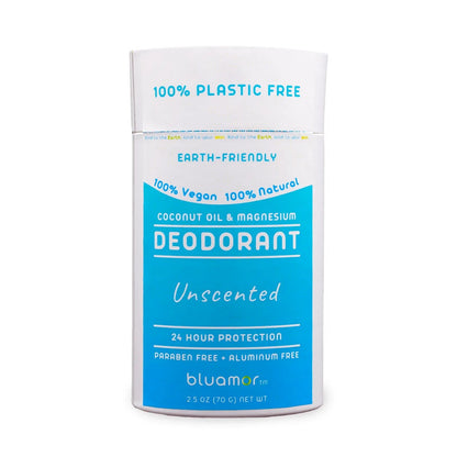 Coconut Oil & Magnesium Deodorant Unscented in a white and blue paper package featuring a blue label, offering eco-friendly, aluminum-free protection for sensitive skin.