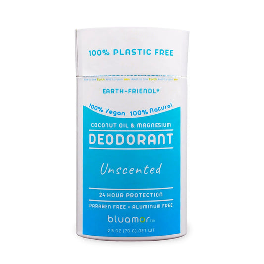 Coconut Oil & Magnesium Deodorant Unscented in a white and blue paper package featuring a blue label, offering eco-friendly, aluminum-free protection for sensitive skin.