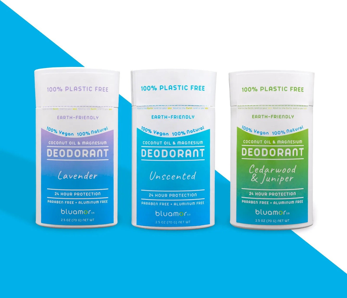 Three eco-friendly deodorant sticks in Lavender, Unscented, and Cedarwood & Juniper, all 100% vegan and plastic-free.