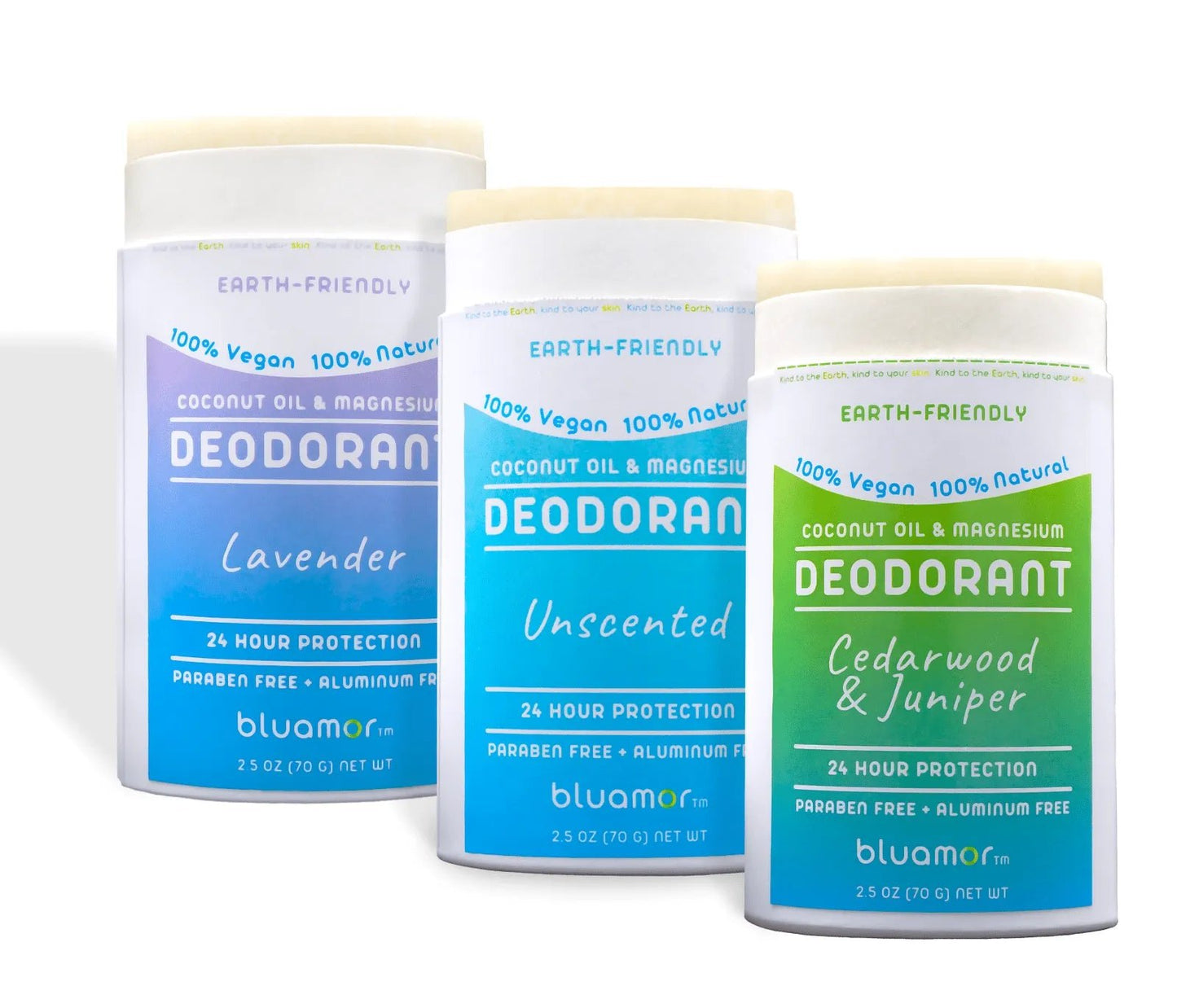 Three eco-friendly deodorants by Bluamor: Lavender, Unscented, and Cedarwood & Juniper, all vegan and free from parabens and aluminum.