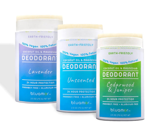 Three eco-friendly deodorants by Bluamor: Lavender, Unscented, and Cedarwood & Juniper, all vegan and free from parabens and aluminum.