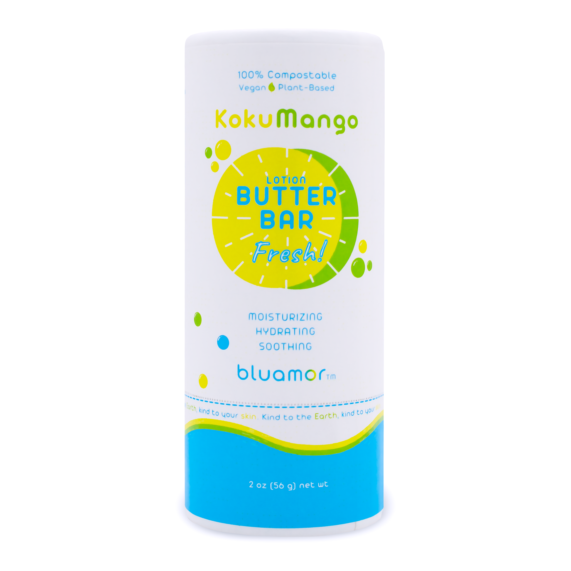 KokuMango Lotion Butter Bar - Fresh: A fresh, plant-based lotion bar with a white and yellow label. Crafted with simple organic and vegan ingredients, packaged in an eco-friendly paper tube.