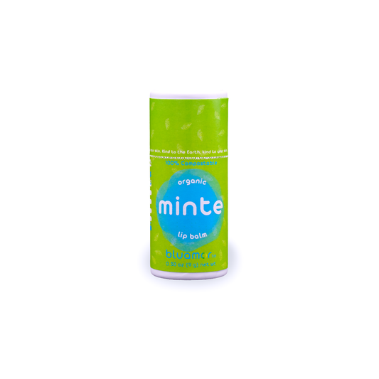 Minte Lip Balm in a green container with a white lid, featuring a blue and green label, ideal for hydrating lips and skin with organic ingredients.