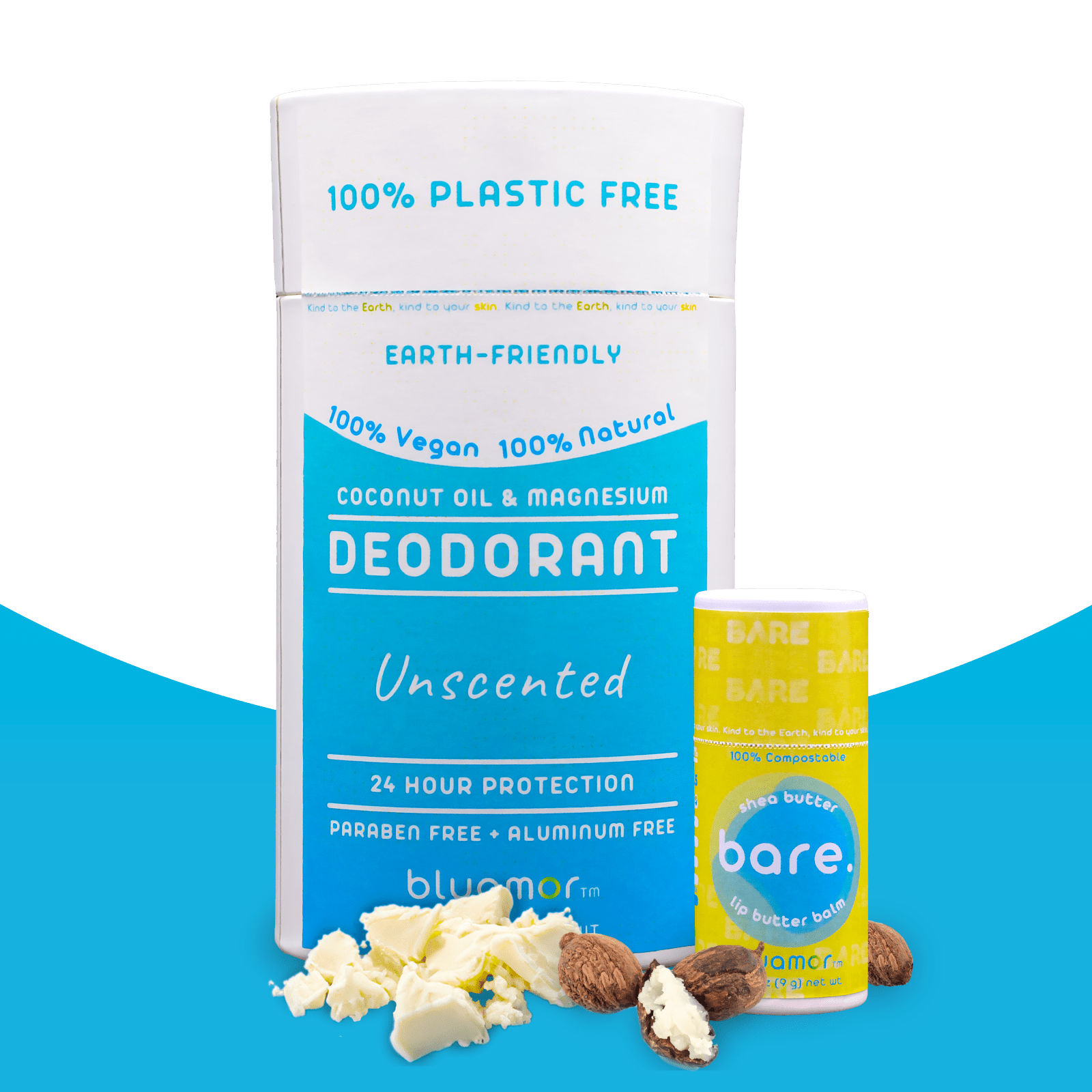 Two eco-friendly personal care products: bluamor deodorant labeled Unscented and a lip balm, both featuring natural ingredients.