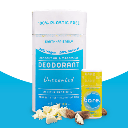 Two eco-friendly personal care products: bluamor deodorant labeled Unscented and a lip balm, both featuring natural ingredients.