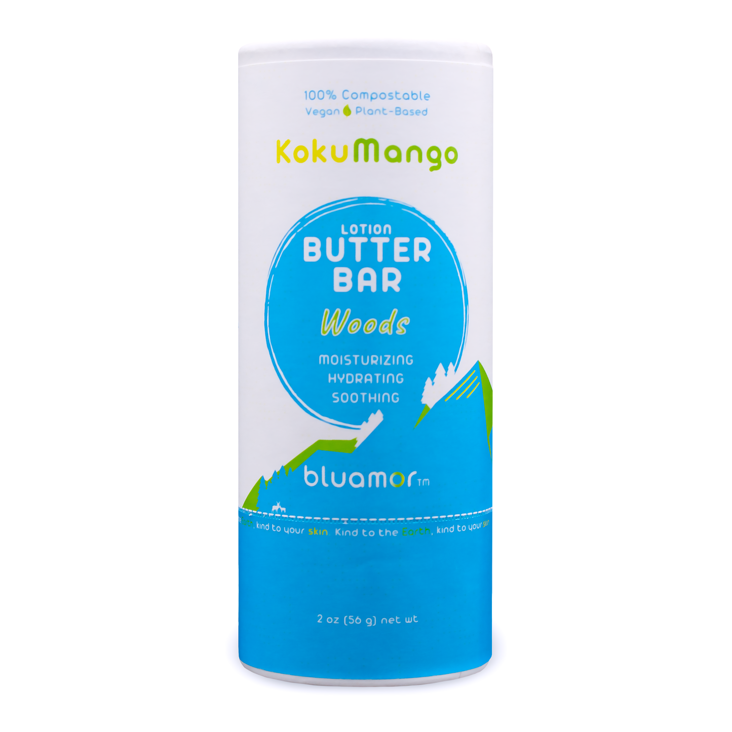 KokuMango Lotion Butter Bar Woods: A woodsy scented, plant-based lotion bar with a blue and white label. Crafted with simple organic and vegan ingredients, packaged in an eco-friendly paper tube.